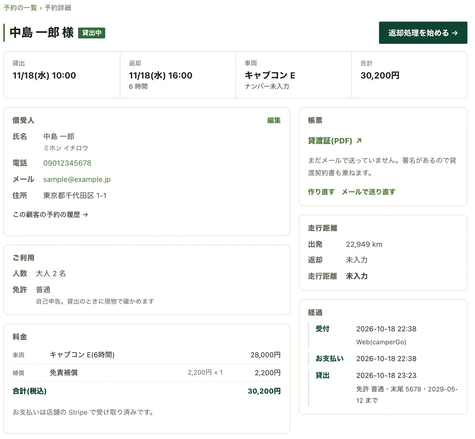 予約の詳細。借受人・料金・帳票・経過