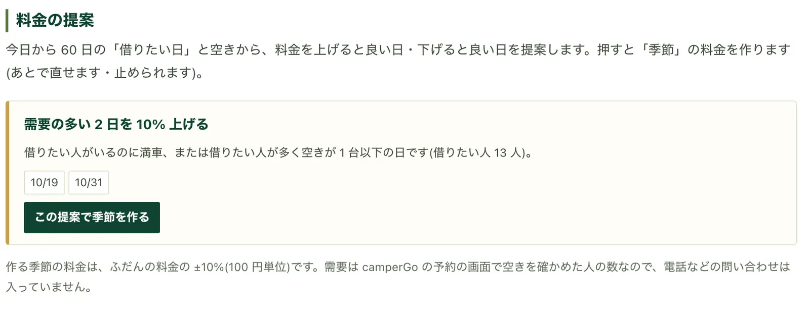 料金の提案。需要の多い日を 10% 上げる