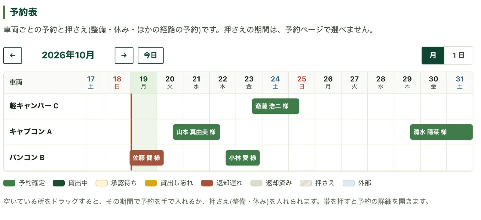 予約表。車両ごとの予約の帯と、色分けの凡例